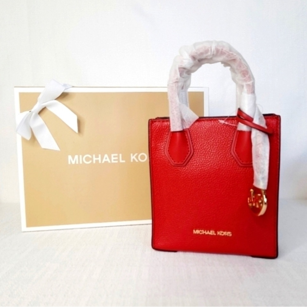 Michael Kors Mercer Extra-Small Pebbled Leather Crossbody Bag Purse Flame Red